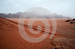 Rain in the desert Wadi Musa in Jordan