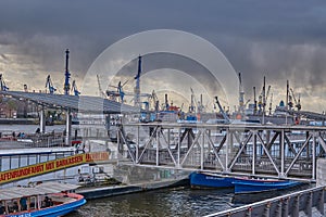 Rain at the docks in Hamburg. Harbor in Hamburg. Cloud burst in the harbor in Hamburg. Cloudburst at the docks in Hamburg