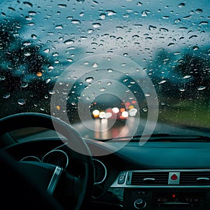 Rain drizzle on windshield in evening, driving in bad weather