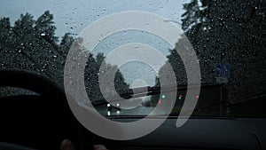 Rain drop on the car glass background.Road view through car window with rain drops, Driving in rain. Abstract traffic in raining d