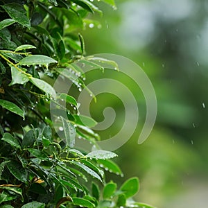 Rain drop falling on green leaf tree natural