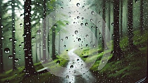 rain drop on a window, with a blurred forest path in the background