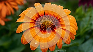 Rain droplets collect on orange flower petals, bright garden background