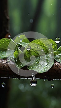 Rain Droplets Drops on Leaves and Trunks in The Forest