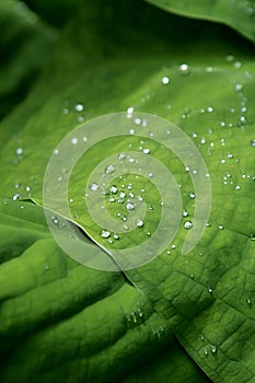 Rain drops beaded on a green leaf