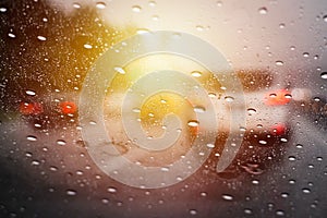Rain drops on car windscreen close up