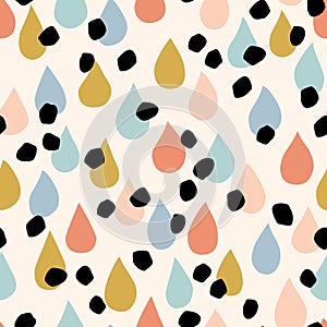 Rain drops, dots irregular seamless pattern. Cute raindrops, polka dot background in retro style, flat design