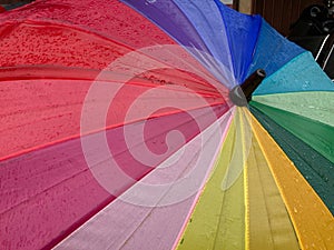 Rain drops falling onto umbella with rainbow colour