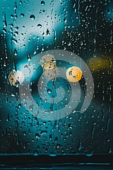 rain drops at a glass window with bokeh background