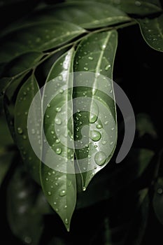 Rain drops on green leaf