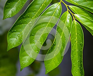 Rain drops on green leaf