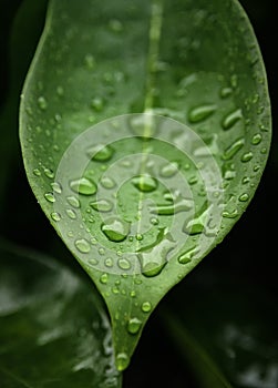 Rain drops on green leaf