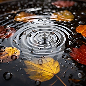 Rain drops into a puddle and concentric circles, and some autumn leaves.
