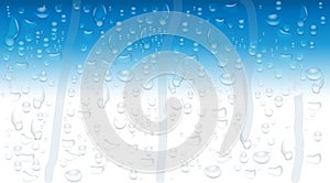 Rain drops on the transparent glass. Fluid background. Realistic image of raindrops or steam against the sky