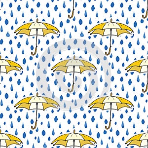 Rain drops and umbrella seamless pattern. Hand drawn vector illustration.