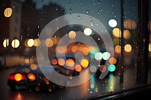 Rain drops on the window. Blurred background of cars on the road.