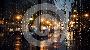 Rain drops on the window with city lights blurred background. Rainy day concept.