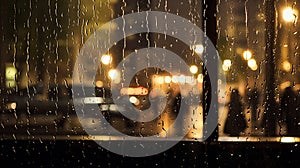 Rain drops on the window with city lights blurred background. Rainy day concept.