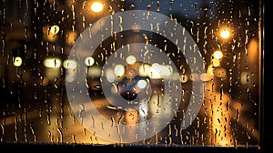 Rain drops on the window with city lights blurred background. Rainy day concept.