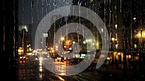 Rain drops on the window with city lights blurred background. Rainy day concept.