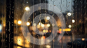 Rain drops on the window with city lights blurred background. Rainy day concept.