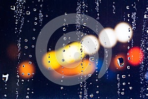 Rain drops on the window. Colorful street lights on the rain. Blurred abstract background.