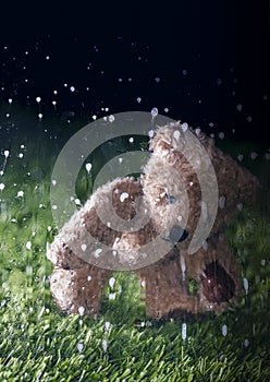 Rain drops on window glass. Background with lonely brown plush teddy bear