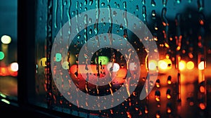 rain drops on window glass , rainy city street evening blurred light Autumn season ,people walk with umbrellas