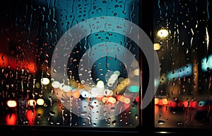 rain drops on window glass , rainy city street evening blurred light Autumn season ,people walk with umbrellas