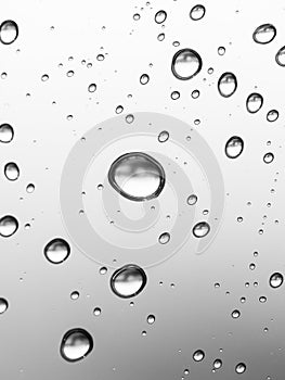 Rain drops on a window pane, close up, black and white