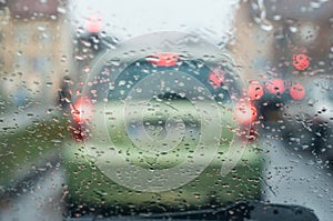 Rain drops on windshield with blurred cars on backgro