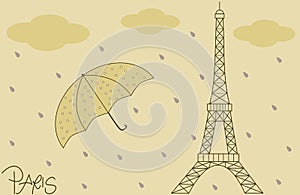 Rain on the eiffel tower vintage retro background illustration