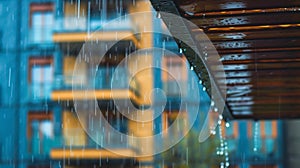 Rain falling on building and street