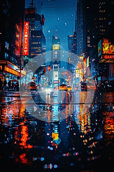 Rain falling on a city street at night