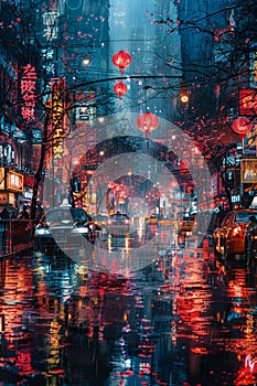 Rain falling on a city street at night photo