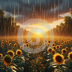 Rain falling on a field of sunflowers, with the yellow petals