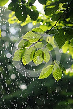 Rain Falling on Green Leafy Tree