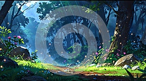 Rain falling on a mossy stone path in a dense forest