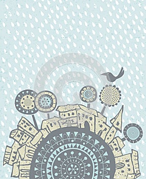 Rain falling over a city