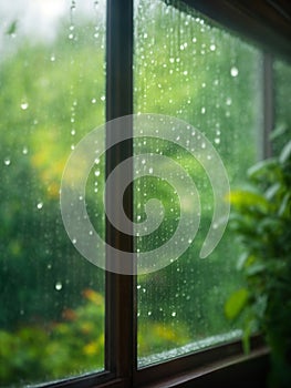 rain falling on window pane raindrops sliding down glass surface