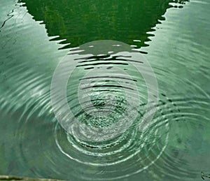 The rain falls on the river water, forming waves with large circles photo