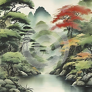 Rain forest,Watercolor paintings of the rainforest in the style of traditional Japanese paintings. AI-Generated.