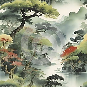 Rain forest,Watercolor paintings of the rainforest in the style of traditional Japanese paintings. AI-Generated.