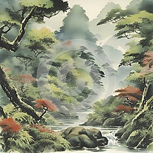 Rain forest,Watercolor paintings of the rainforest in the style of traditional Japanese paintings. AI-Generated.