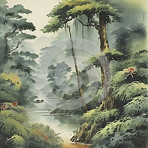 Rain forest,Watercolor paintings of the rainforest in the style of traditional Japanese paintings. AI-Generated.