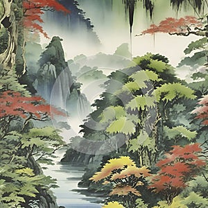 Rain forest,Watercolor paintings of the rainforest in the style of traditional Japanese paintings. AI-Generated.