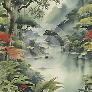 Rain forest,Watercolor paintings of the rainforest in the style of traditional Japanese paintings. AI-Generated.