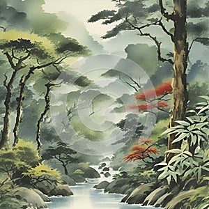 Rain forest,Watercolor paintings of the rainforest in the style of traditional Japanese paintings. AI-Generated.