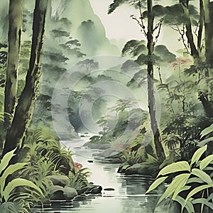 Rain forest,Watercolor paintings of the rainforest in the style of traditional Japanese paintings. AI-Generated.