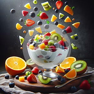 rain of fruits on a bowl of Greek yogurt